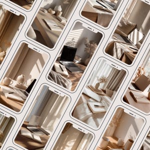 May include: A collection of images featuring laptops, notebooks, and decorative items arranged on desks and beds. The color palette is neutral, with beige, cream, and brown tones. The images suggest a workspace or home office setting.