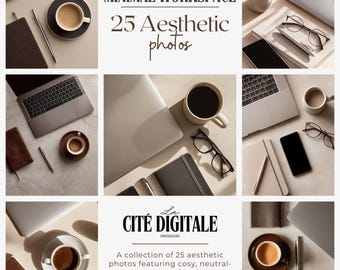ミニマルなデスクワークスペースのストックフォト25選 – フラットレイでニュートラルなオフィスイメージ（デジタルダウンロード）