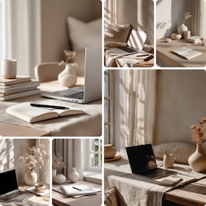 May include: A collage of images showcasing a workspace with a laptop, notebook, pen, and decorative vases. The color palette is neutral, with beige and cream tones. The setting suggests a home office or creative space, with natural light and a minimalist aesthetic.