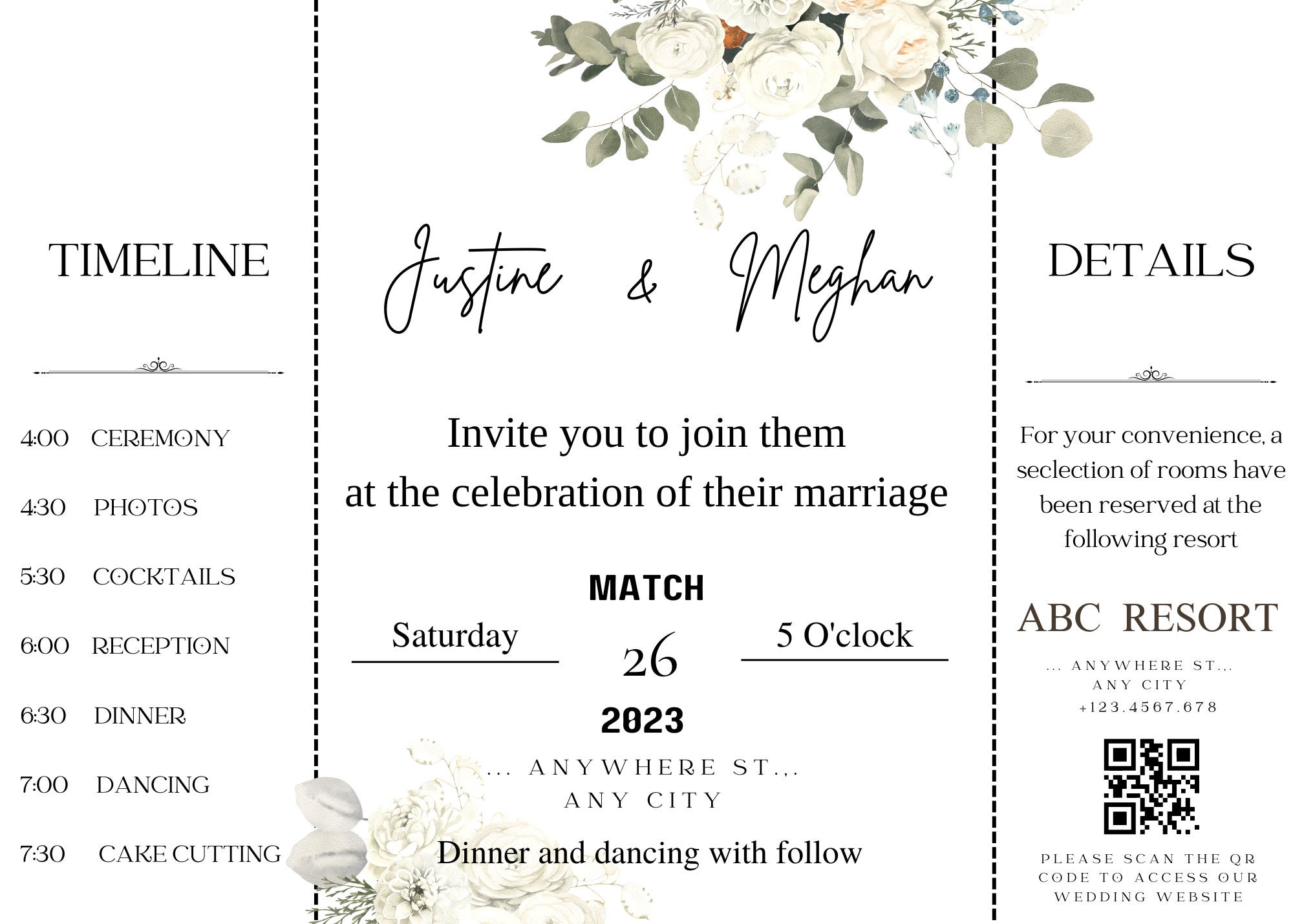 White Flowers Wedding Invitation Gogeous Folded Wedding Etsy