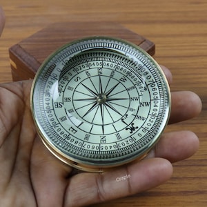 Nickel Polished Handcrafted Brass Compass with Spinning Dial & Diamond-Cut Glass, Paperweight, Luxury Gift for Explorers and Collectors