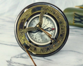 Brass Sundial Compass - Vintage Nautical Silver Antique Compass, Desk Decor & Maritime Navigation Gift
