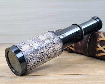 Schwarzes antikes Messingteleskop graviertes nautisches Fernglas personalisiertes Geschenk