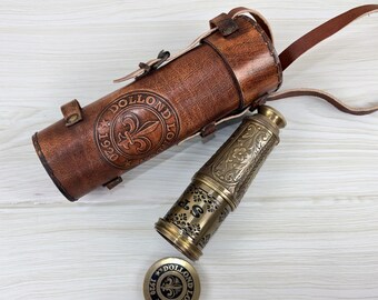 Personalisiertes braunes antikes Messingteleskop - graviertes Vintages nautisches Fernglas mit Ledertasche