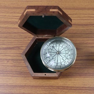 Może przedstawiać: Kompas mosiężny z białą tarczą i czarnymi oznaczeniami, w sześciokątnym drewnianym pudełku z zielonym filcowym wyściełaniem. Kompas ma igłę wskazującą północ i przezroczystą szklaną osłonę.