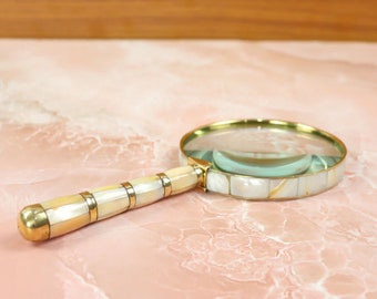 Handcrafted Brass Magnifier with Mother-of-Pearl Handle Perfect for Reading, Jewelry, and Viewing Small Objects, Premium Gift