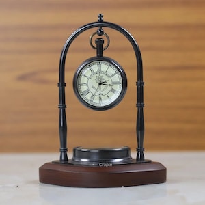 Victoria London Vintage Brass Table Clock – Antique Nautical Desk Decor, Handmade Timepiece with Wood Base Compass, Classic Gift Idea