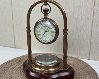 Reloj de sobremesa de estilo victoriano con brújula náutica - Reloj de escritorio vintage personalizado de latón antiguo