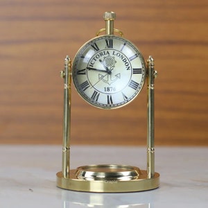 Vintage Brass Desk Clock with Built-in Compass – Victoria London 1876 Nautical Decor, Handmade Gift for Office, Home, or Study