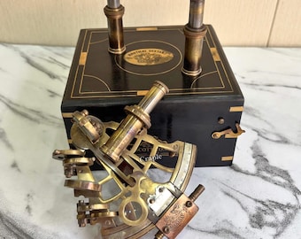 Messing Sextant mit 2 Teleskope & Holzkiste, antikes Messing Finish Nautisches Instrument Geschenk