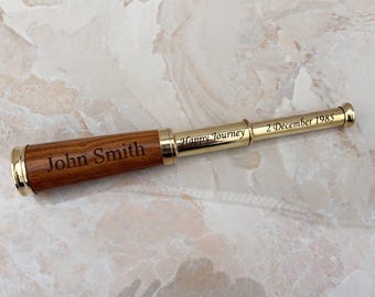Telescópio de latão personalizado com estojo de couro, luneta antiga, telescópio náutico de pirata, presente gravado
