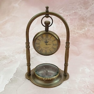 Antique Brass Tabletop Clock Base Compass - Vintage Handmade Home Office Decor, Unique Gift for Dad, Anniversary & Loved Ones
