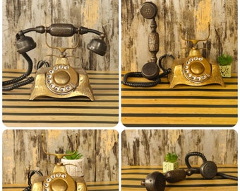 Antique Brass Working Telephone For Desk Decor, Vintage Candlestick Landline Telephone, Christmas Presents, Rotary Phone, 1800s 1900s Gift