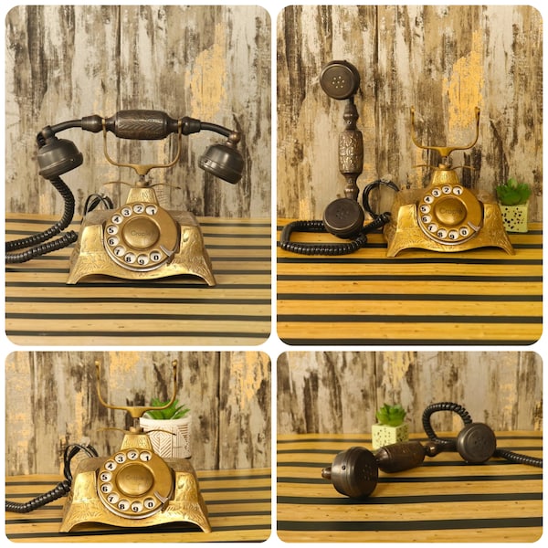 Antique Brass Working Telephone For Desk Decor, Vintage Candlestick Landline Telephone, Christmas Presents, Rotary Phone, 1800s 1900s Gift