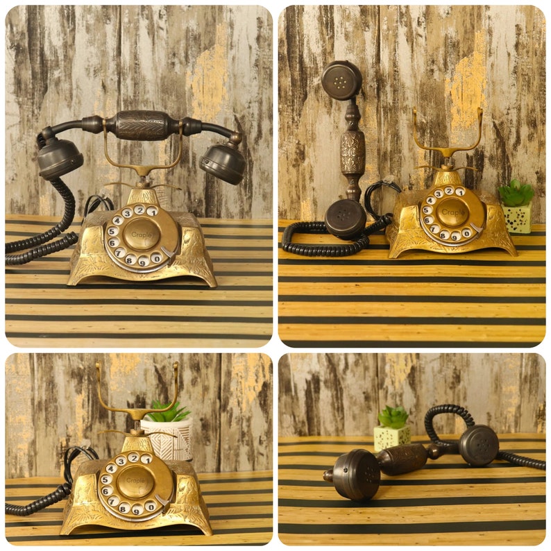 Antique Brass Working Telephone For Desk Decor, Vintage Candlestick Landline Telephone, Christmas Presents, Rotary Phone, 1800s 1900s Gift image 1