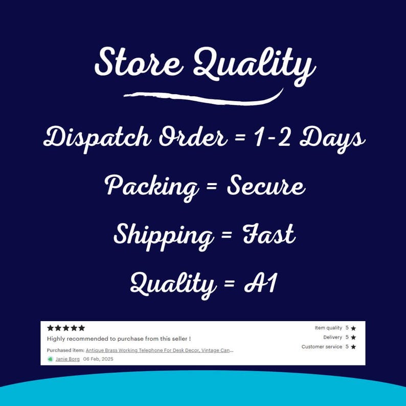 May include: A navy blue graphic with white text that reads "Store Quality", "Dispatch Order = 1-2 Days", "Packing = Secure", "Shipping = Fast", and "Quality = A1". Below is a customer review with a 5-star rating.