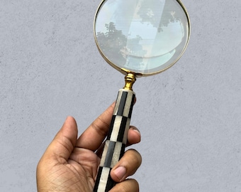 Handmade Brass 5x Magnifying Glass, Checkerboard Mother of Pearl & Black Resin Handle Magnifier, Gift for Readers