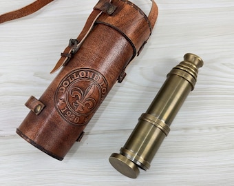 Personalisiertes antikes Messingteleskop - 4-Rohr-graviertes nautisches Fernglas mit Ledertasche