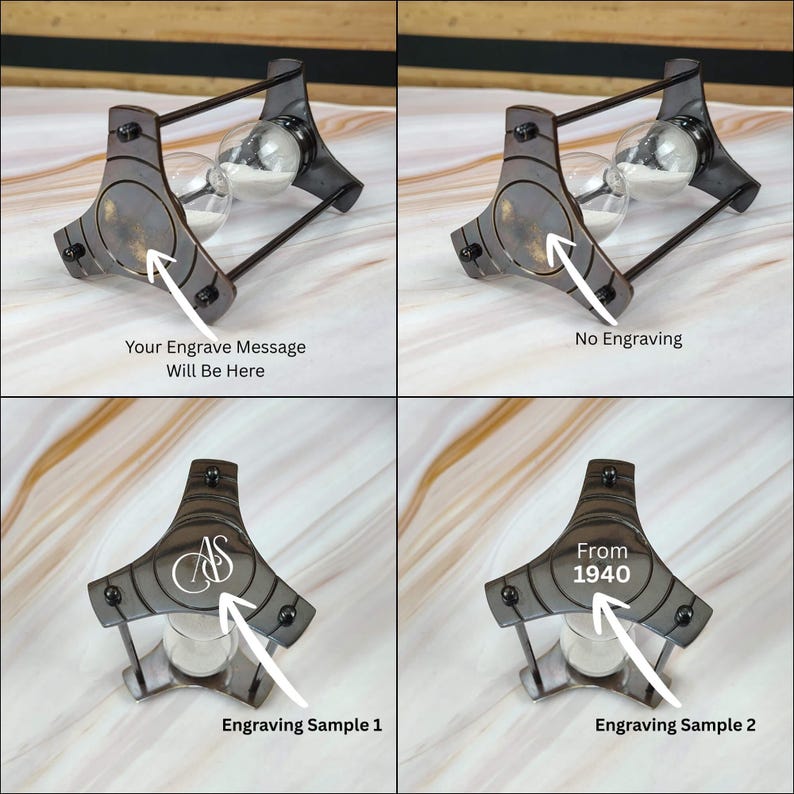 May include: A black metal hourglass with a clear glass bulb. The hourglass has a unique design with a decorative frame. The image shows different engraving options, including the text "Your Engrave Message Will Be Here", "No Engraving", "AS", and "From 1940".