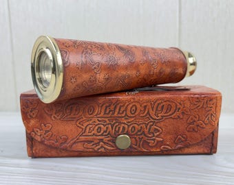 Telescópio de latão gravado personalizado, luneta de pirata revestida em couro com estojo, presente para explorador náutico