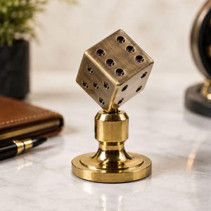 Può includere: Un dado in metallo color ottone in equilibrio su un angolo sopra una base cilindrica. Il dado presenta una finitura spazzolata con rientranze circolari scure che rappresentano i punti sulle sue facce, creando un oggetto decorativo.