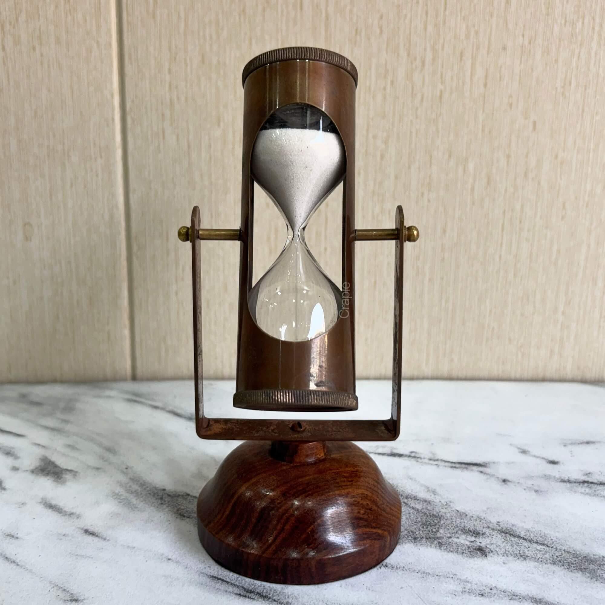 Antique Brass Hourglass With Dual Compass and Wooden Base – 3