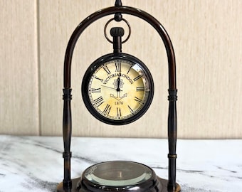 Handgefertigte Tischuhr aus Messing in Schwarz Antik Finish - Kompass Basis Sammler Tischuhr