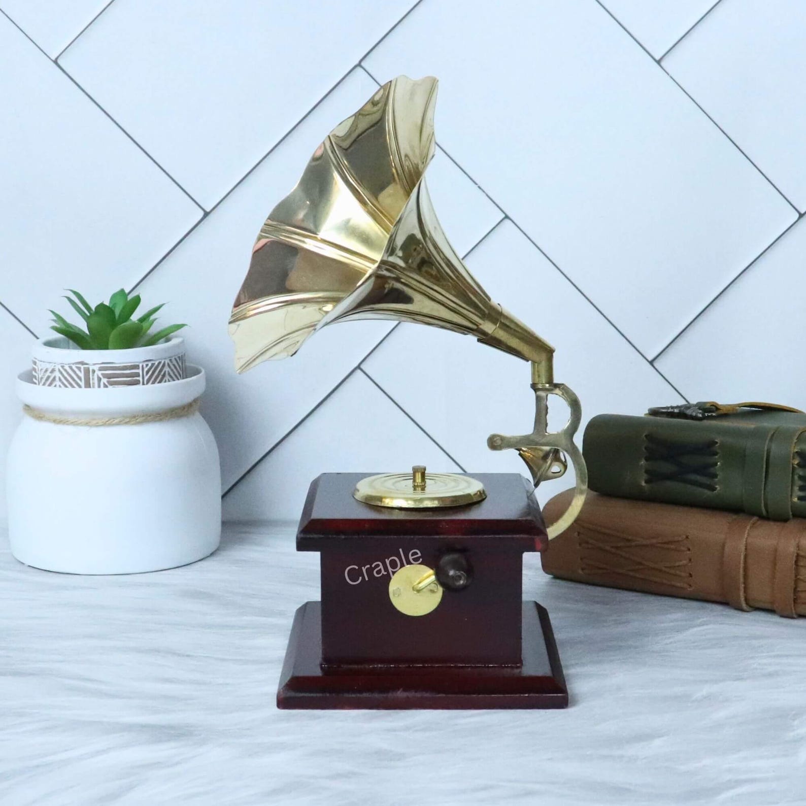 Desk Decor Gramophone Vintage Phonograph Figurine NonFunctional Record Player Music Lover Gift Classic Bookshelf Decor
