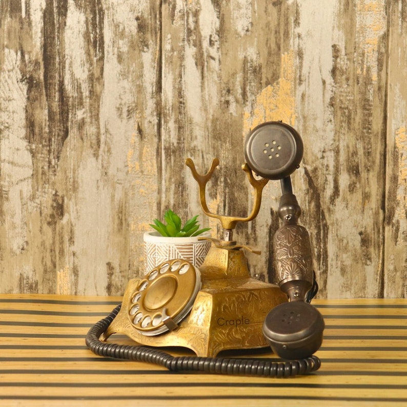 Antique Brass Working Telephone For Desk Decor, Vintage Candlestick Landline Telephone, Christmas Presents, Rotary Phone, 1800s 1900s Gift image 6