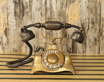 Antique Style Vintage Brass Rotary Telephone, Functional Landline Retro Desk Gift for Him