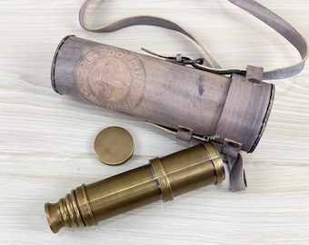 Telescópio de latão personalizado com estojo de couro, luneta náutica pirata de 4 canos gravada sob encomenda