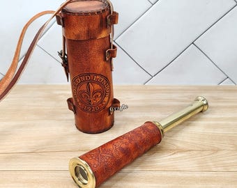 Glänzendes Messing-Teleskop mit Leder Wrap Graviert Nautisches Fernglas Geschenk
