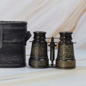 Binocolo vintage in ottone con doppia lente di messa a fuoco, incisione personalizzata, finitura nera anticata, custodia in pelle, regalo per avventurieri e collezionisti