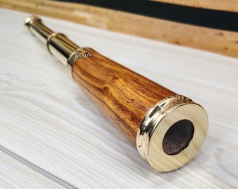 Personalisiertes glänzendes Messing-Teleskop mit Holzgriff - Graviertes nautisches Fernglas-Dekor-Geschenk