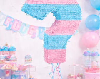 Exciting Question Mark Gender Reveal Piñata 15" x 20.5" (1 Pc.) - Blue & Pink Paper Cardstock, Ideal for Baby Showers Gender Announcements