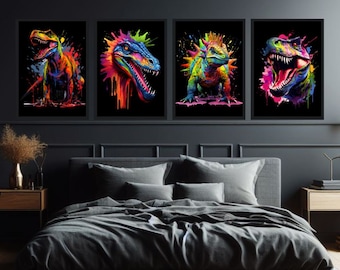Bright Rainbow Dinosaur Set of 4 Prints, Paint Drip Splash Art, Dinosaur Wall Decor, Multicoloured Dinosaur Posters, Dinosaur Prints Teens