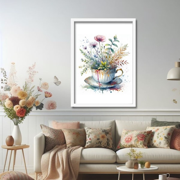 Watercolour Wildflowers, Teacup Wall Art, Floral Teacup Print, Cottage Decor, Farm Wall Art, Botanical Wall Print, Nature Inspired Art