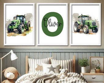 Aangepaste groene tractorprintset | Muurkunst tractor jongens | Gepersonaliseerde tractoren | Jongensnaamposters | Aangepaste donkergroene tractor voor jongenskamer