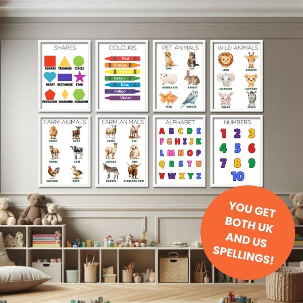 Educational Poster Bundle, Colourful Educational Posters, Printable Rainbow Educational Poster, Montessori Educational Set, Preschool Prints