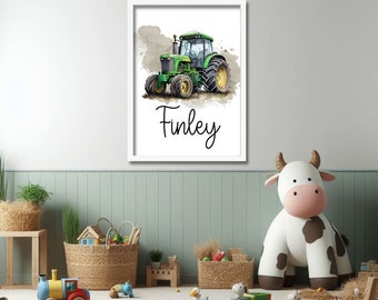 Aangepaste tractorprint, muurkunst tractor jongens, gepersonaliseerde tractor, naamposter jongens, aangepaste groene tractor voor jongenskamer, print groene tractor
