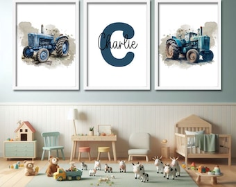 Personalised Blue Tractor Prints, Set of 3, Farm Decor for Boys, Custom Name & Initial, Nursery Wall Art, Farmhouse Gift