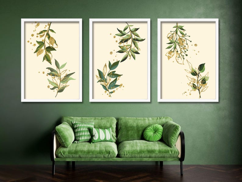 Green Leaves and Gold Art Prints, Botanical Wall Art, Natureinspired