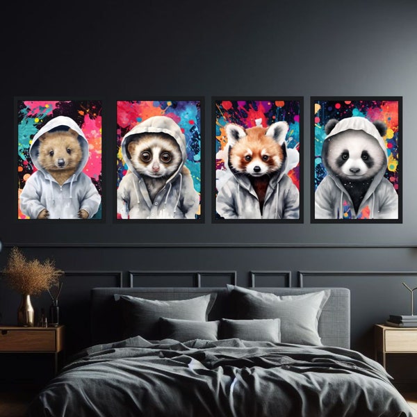 Cute Animal Prints, Set of 4 Animals, Panda Prints, Rainbow Wall Art Teens, Teen Animal Gifts, Cute Animal Posters, Animal Wall Decor Teens