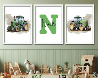 Aangepaste tractorprintset | Muurkunst tractor jongens | Gepersonaliseerde tractoren | Jongensnaamposters | Aangepaste groene tractor voor jongenskamer