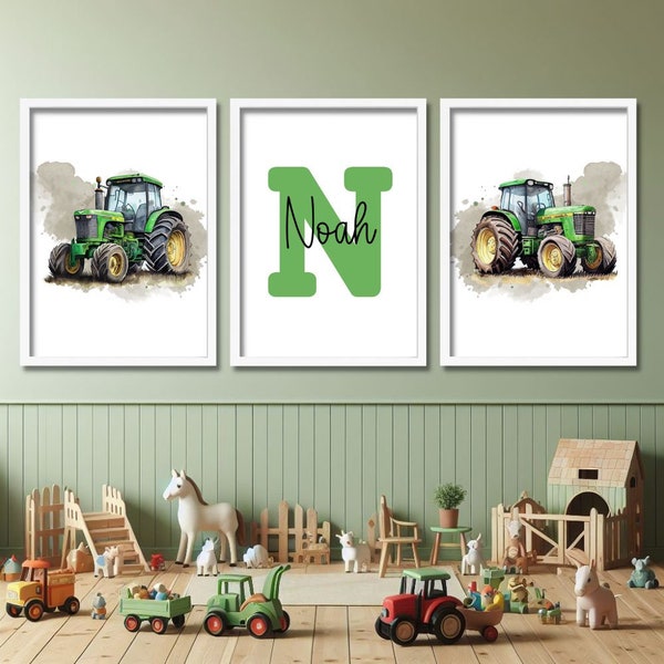 Ensemble d'impressions personnalisées pour tracteur | Art mural tracteur pour garçons | Tracteurs personnalisés | Posters prénoms garçon | Tracteur vert personnalisé pour chambre de garçon