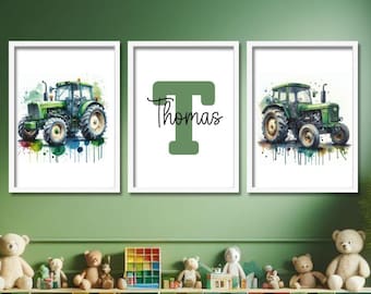 Aangepaste donkergroene tractorprintset | Muurkunst tractor jongens | Gepersonaliseerde tractoren | Jongensnaamposters | Aangepaste groene tractor voor jongenskamer