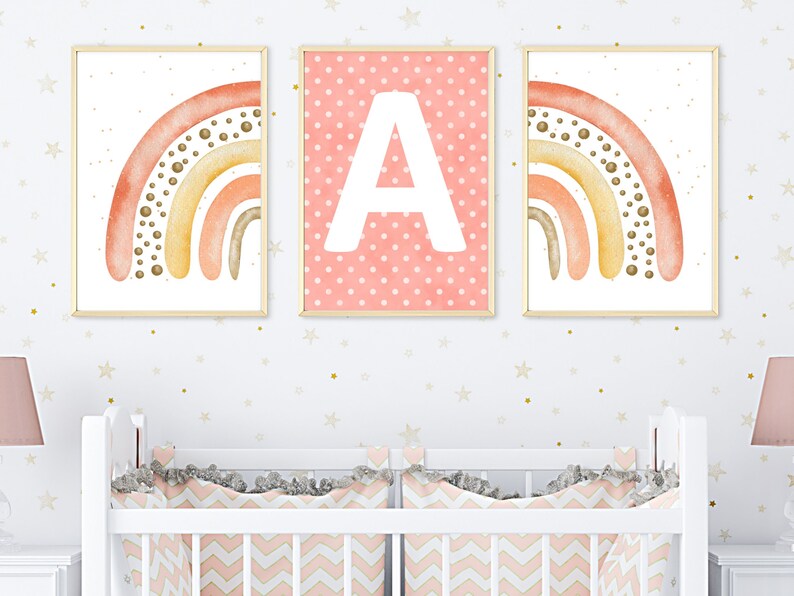 Pink Custom Rainbow Print Set of 3 Polka Dot Pink Nursery Etsy UK