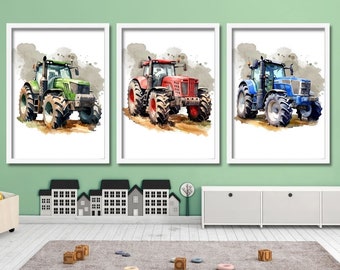 Green Tractor, Red Tractor, Blue Tractor Digital Art Set of 3 - Printable Farm Inspired Decor for Children's Bedroom or Playroom