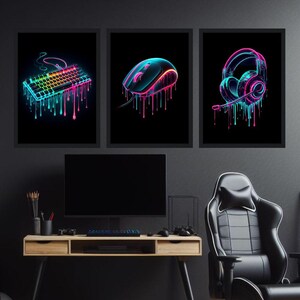 Multicoloured Neon Drip Gaming Prints Set of 3, PC Gaming Poster, Boys Room Decor, Teen Room Art, Gaming Wall Art, Computer Gaming Posters