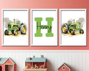 Aangepaste klassieke tractorprintset | Muurkunst tractor jongens | Gepersonaliseerde tractoren | Jongensnaamposters | Aangepaste groene tractor voor jongenskamer
